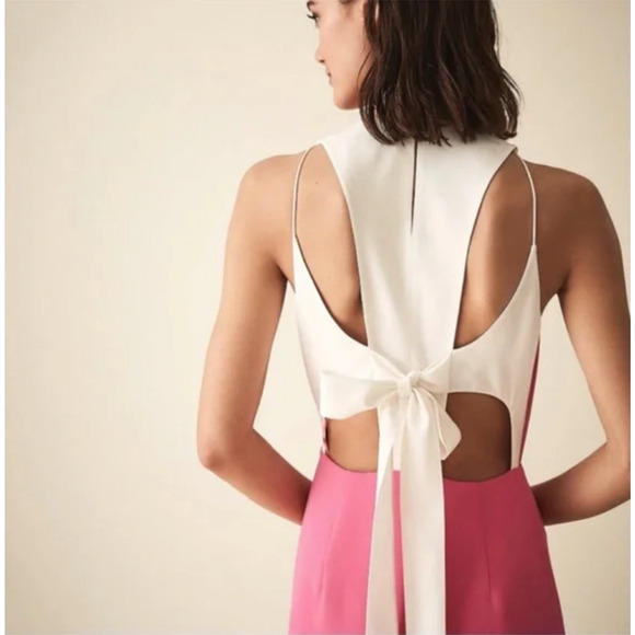 REISS Cheyenne Back-Cutout Midi Dress Bow Tie in Pink/White - Picture 10 of 16
